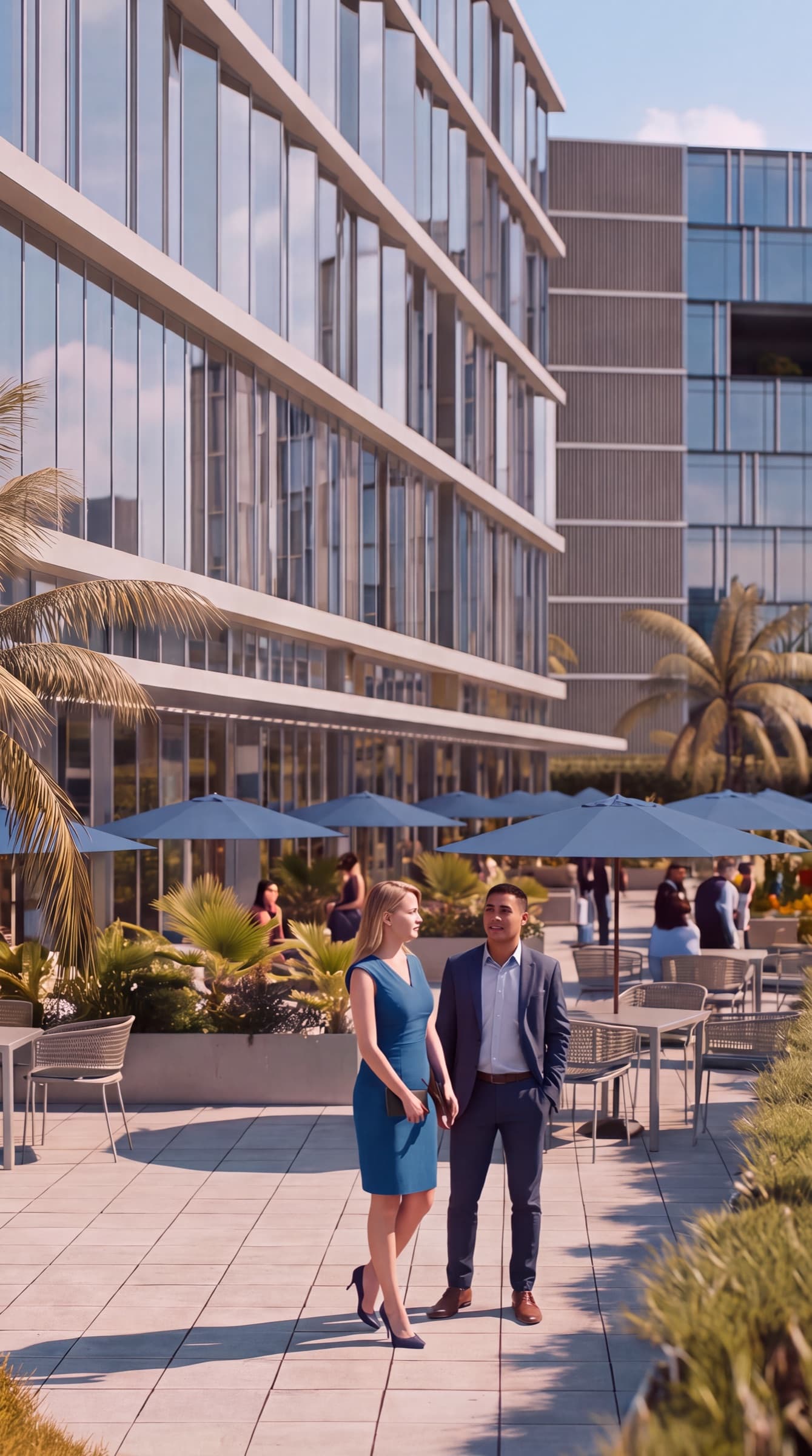 Terraza y locales en la base de la Torre T-1000, con la torre de oficinas detrás
