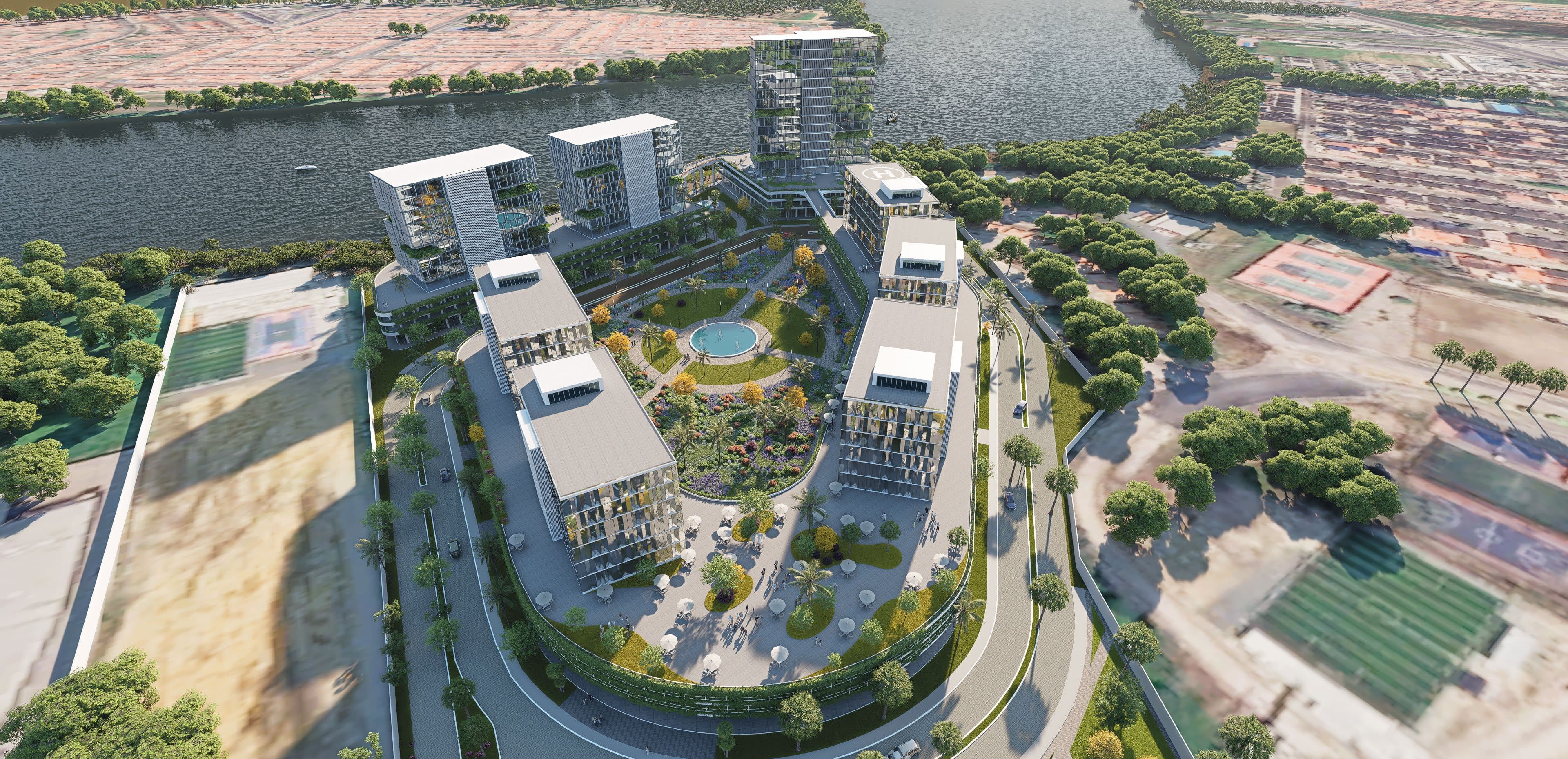 Vista aérea de AXIS Business HUB frente al Río Daule