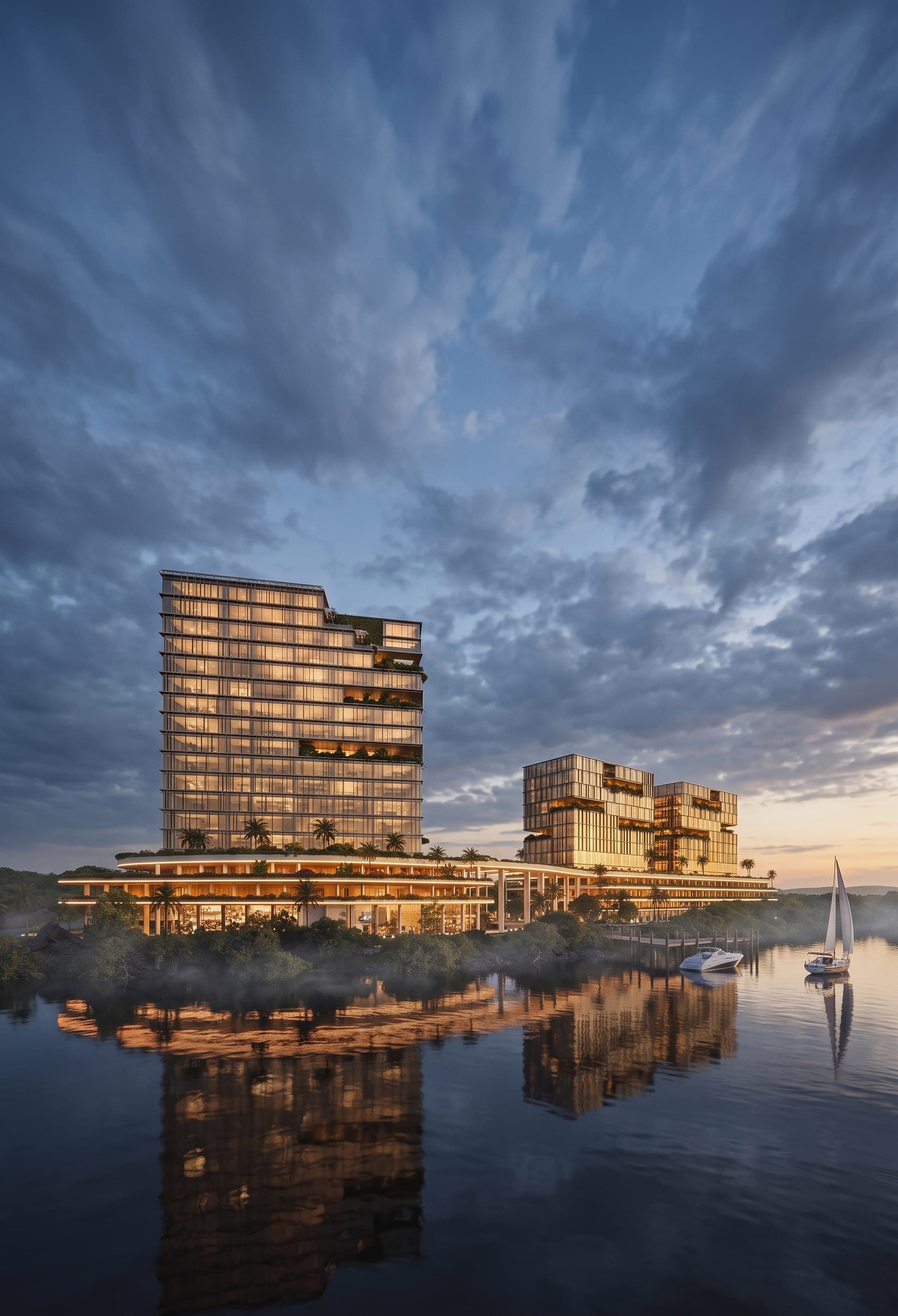 AXIS Business HUB al atardecer, vista desde el Río Daule